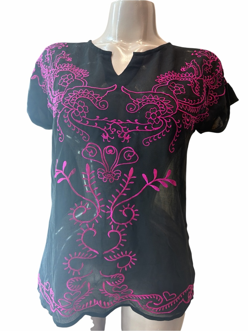 Black Embroidered Blouse with Hot Pink Floral Design - Women's Top
